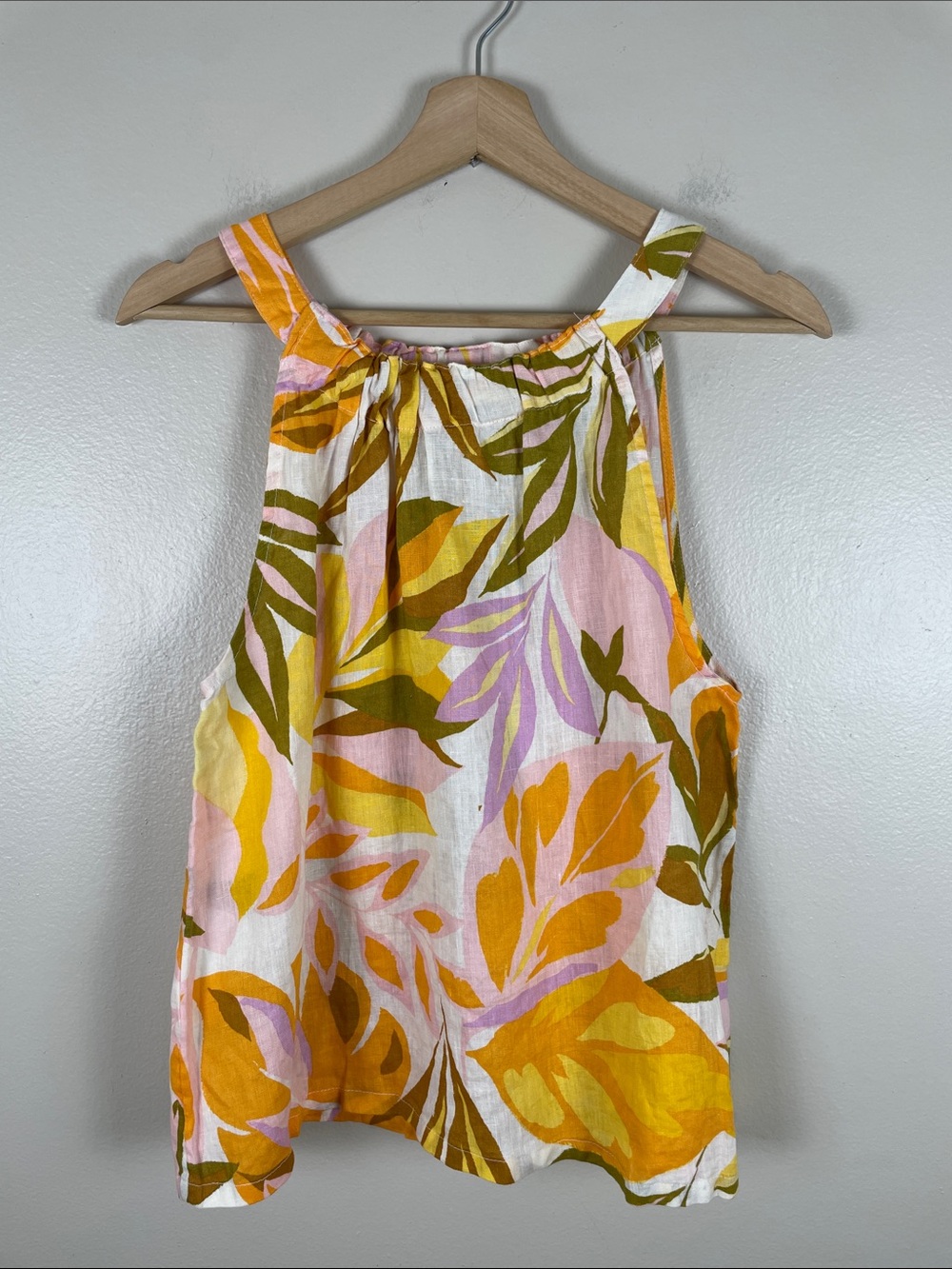 C&C California Linen Pink, Yellow & Olive Tropical Halter Camisole. Small